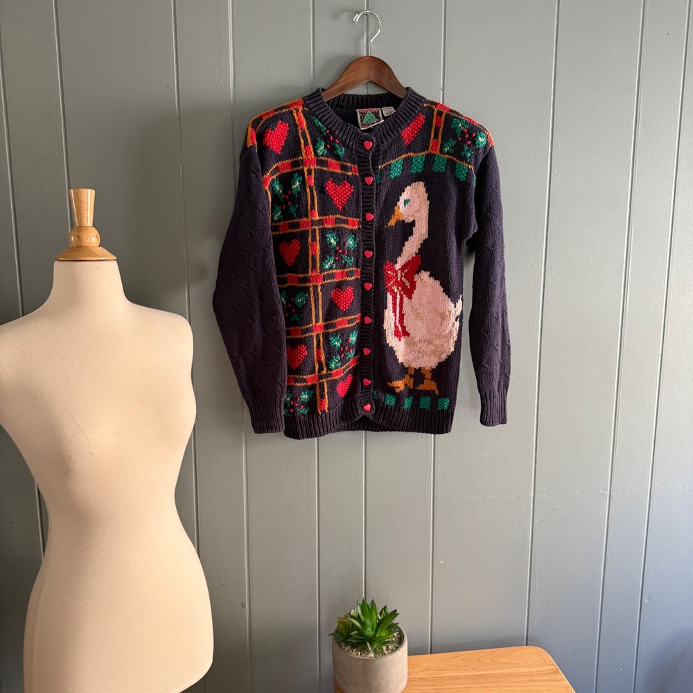 Vtg Casual Corner Christmas Porch Goose Heart Button Cardigan Sweater Navy Small - Picture 3 of 9